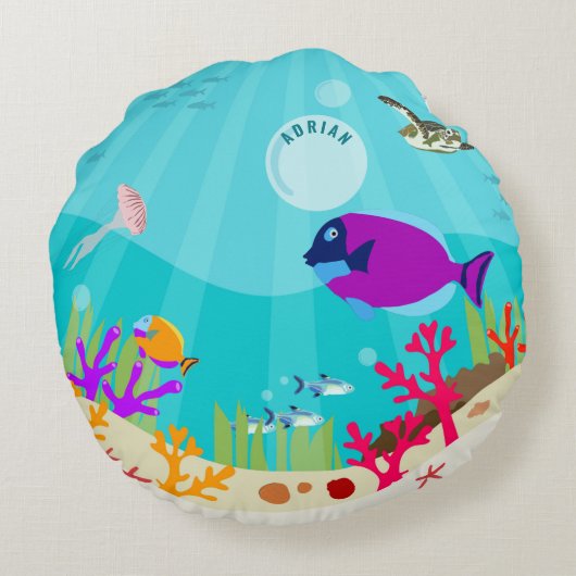 Kinder naam van kleurrijke Zeeen van de oceaan Rond Kussen (Achterkant)