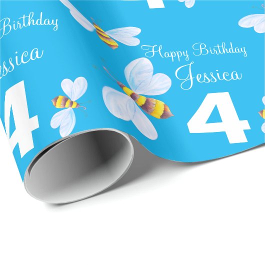 Kinder naam Whimsical Bee 4th Birthday Wrap Cadeaupapier (Rol Hoek)