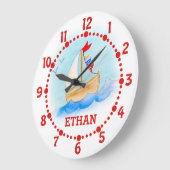 Kinder naam zeilboot kunst blauwe muur klok (Hoek)