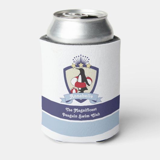 Kinder naam zwemclub Crest Cute Penguin Blikjeskoeler (Blikje Achterkant)