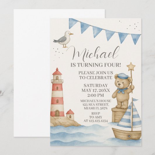 Kinder nautische verjaardagsuitnodiging kaart (Voorkant / Achterkant)