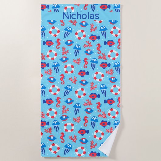 Kinder Ocean Elements Pattern Gepersonaliseerd Strandlaken (Voorkant)