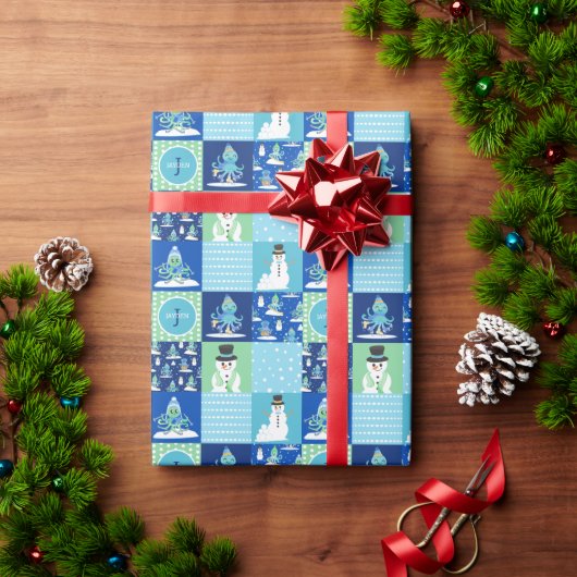 Kinder Octopus Wintersport Patchwork gepersonalise Cadeaupapier (Feestdagen Geschenken)