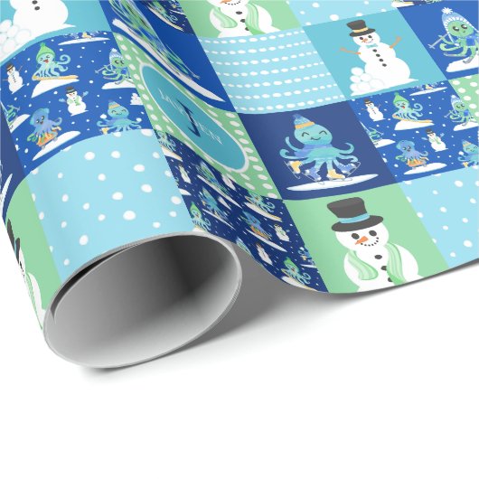 Kinder Octopus Wintersport Patchwork gepersonalise Cadeaupapier (Rol Hoek)