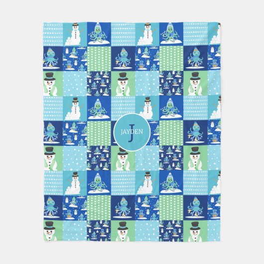 Kinder Octopus Wintersport Patchwork gepersonalise Fleece Deken (Voorkant)