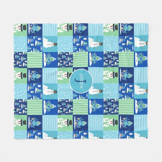Kinder Octopus Wintersport Patchwork gepersonalise Fleece Deken (Voorkant (Horizontaal))