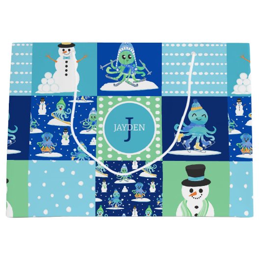 Kinder Octopus Wintersport Patchwork gepersonalise Groot Cadeauzakje (Voorkant)