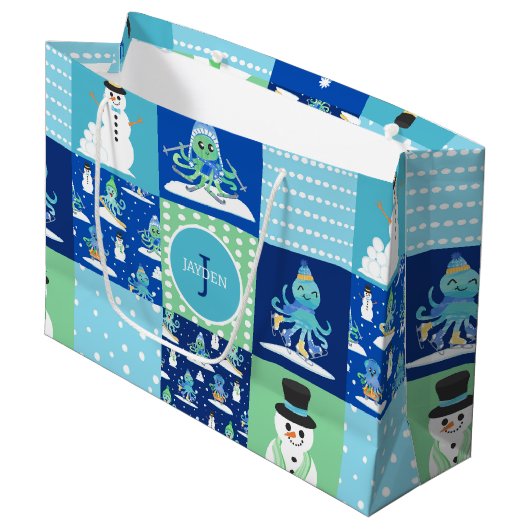 Kinder Octopus Wintersport Patchwork gepersonalise Groot Cadeauzakje (Voorkant Gekanteld)