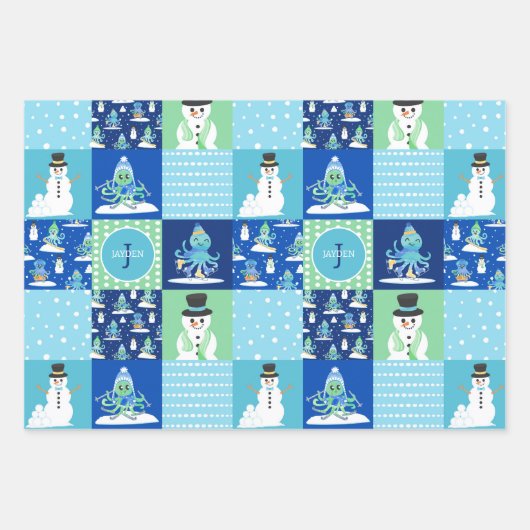Kinder Octopus Wintersport Patchwork gepersonalise Inpakpapier Vel (Voorkant 2)