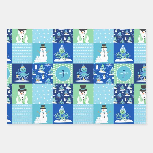 Kinder Octopus Wintersport Patchwork gepersonalise Inpakpapier Vel (Voorkant 3)