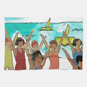 Kinder oefening op strand theedoek