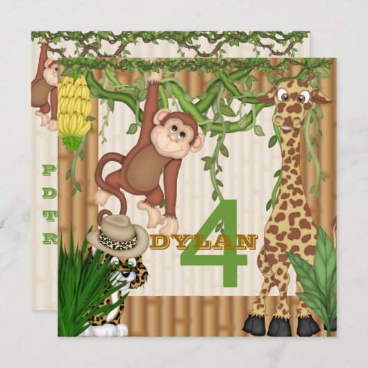 Kinder Oerwoud Safari Birthday Uitnodiging Sjabloo (Voorkant / Achterkant)