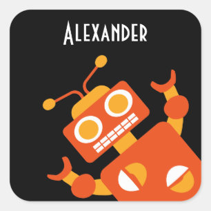 Kinder Oranje Zwarte Robot Gepersonaliseerd Cool M Vierkante Sticker