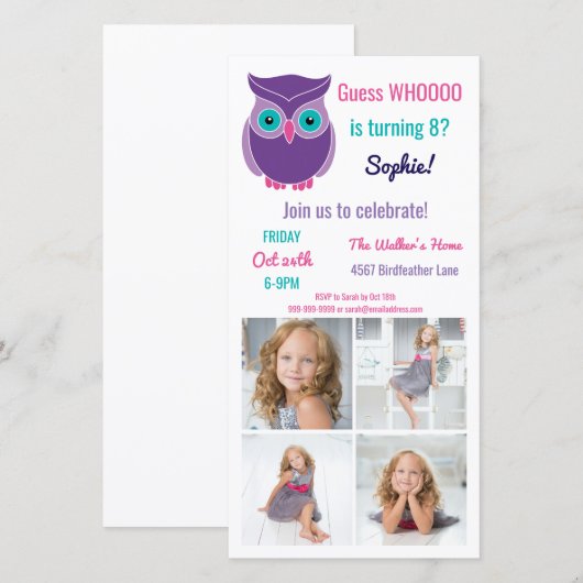 Kinder Owl Birthday Party Animal Photo Invitation (Voorkant / Achterkant)
