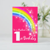 Kinder paarse regenboog 1e verjaardag Uitnodiging (Staand voorkant)