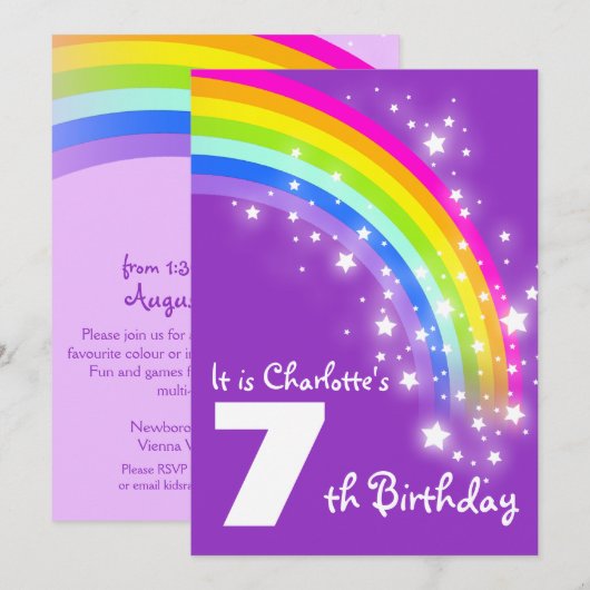 Kinder paarse regenboog - zevende verjaardag kaart (Voorkant / Achterkant)