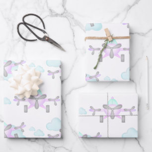 Kinder Paarse Vliegtuig Vliegende Luchtvaart Verja Inpakpapier Vel