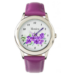 Kinder Paarse Wildflower Botanische Bloemen Naam Horloge