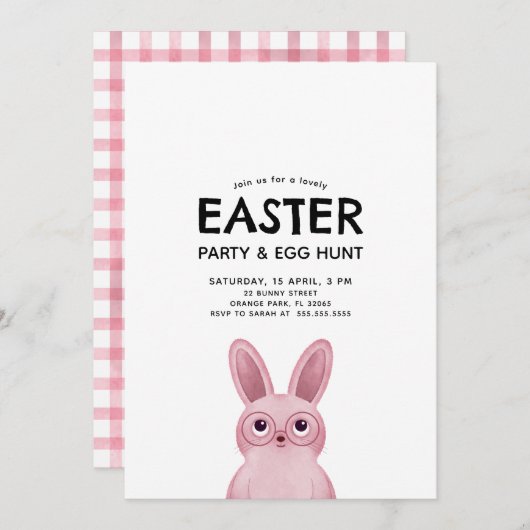 Kinder paasfeest met roze konijntje met een bril kaart (Voorkant / Achterkant)