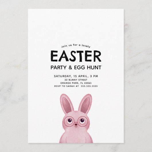 Kinder paasfeest met roze konijntje met een bril kaart (Voorkant)