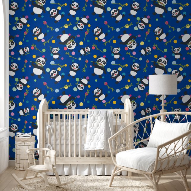 Kinder panda polka dot patroon blauwe achtergrond behang (Kinderen)