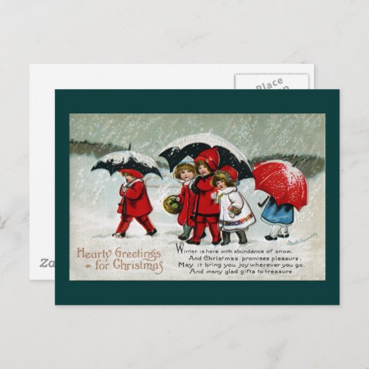 Kinder paraplu's in de sneeuw feestdagenkaart (Voorkant / Achterkant)