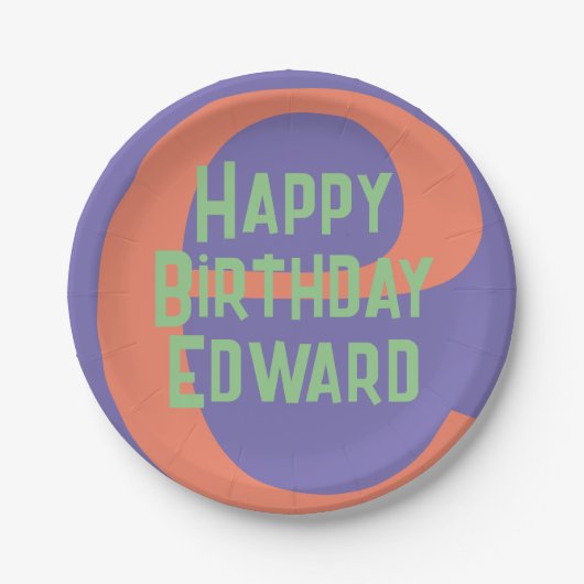 Kinder partij bord Happy Birthday paarse koraal mu (Voorkant)