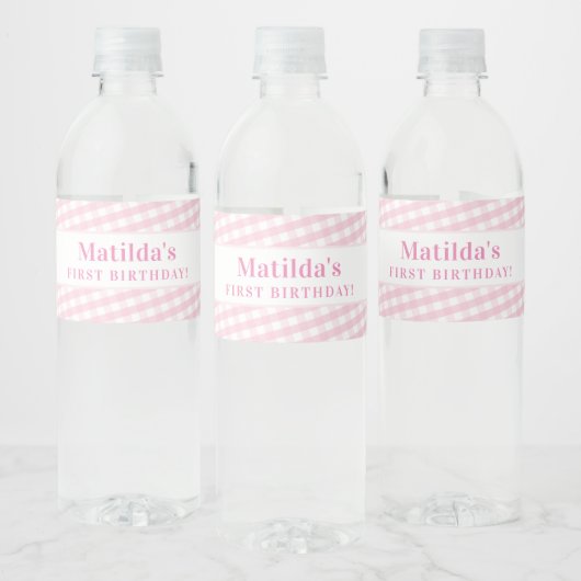 KINDER PARTIJ  gingham patroon meisje bleek roze Waterfles Etiket (Flessen)