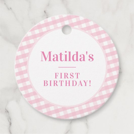 KINDER PARTIJ  gingham patroon roze Bedankjes Labels (Voorkant)