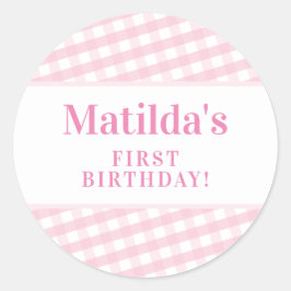 KINDER PARTIJ  gingham patroon roze Ronde Sticker