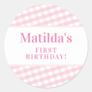 KINDER PARTIJ gingham patroon roze Ronde Sticker