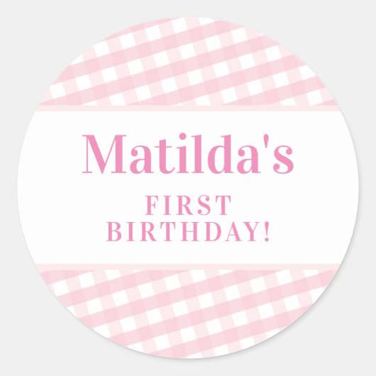 KINDER PARTIJ gingham patroon roze Ronde Sticker (Voorkant)