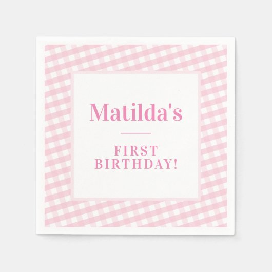 KINDER PARTIJ  gingham patroon roze Servet (Voorkant)