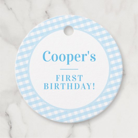 KINDER PARTIJ  gingham patroonjongen blauw Napkin Bedankjes Labels (Voorkant)