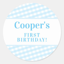 KINDER PARTIJ  gingham patroonjongen blauw Ronde Sticker