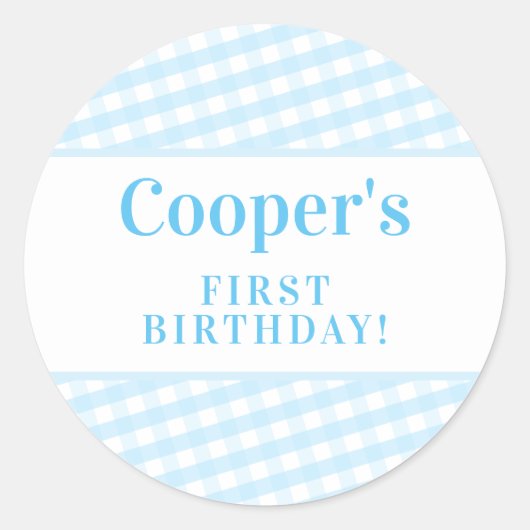 KINDER PARTIJ  gingham patroonjongen blauw Ronde Sticker (Voorkant)