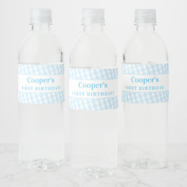 KINDER PARTIJ  gingham patroonjongen bleek blauw Waterfles Etiket