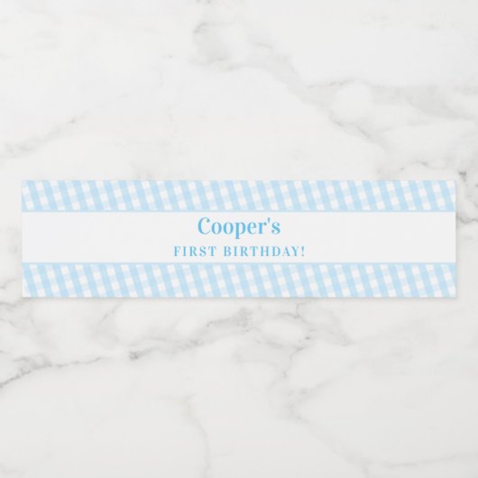 KINDER PARTIJ  gingham patroonjongen bleek blauw Waterfles Etiket (Enkel label)