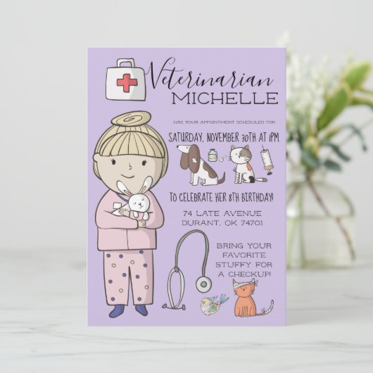 Kinder partij met veterinair thema kaart (Staand voorkant)