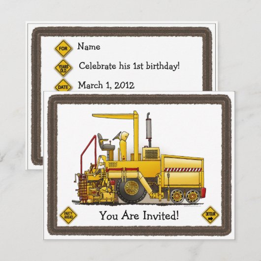 Kinder partijuitnodiging voor bestrating machine kaart (Voorkant / Achterkant)