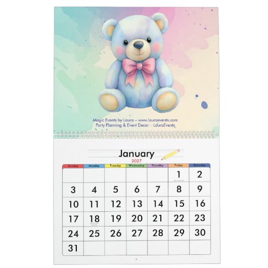 Kinder Party Planner Pastel Teddy Bear QR Code Log Kalender (Jan 2027)