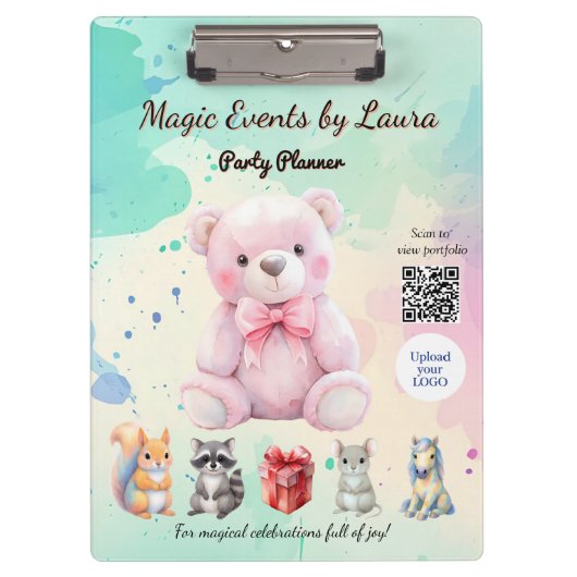 Kinder Party Planner Pastel Teddy Bear QR Code Log Klembord (Voorkant)