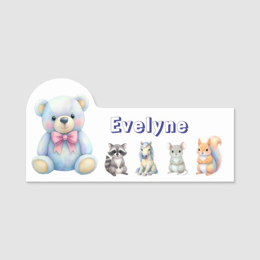 Kinder Party Planner Pastel Teddy Bear QR Code Log Naamplaatje (Voorkant)