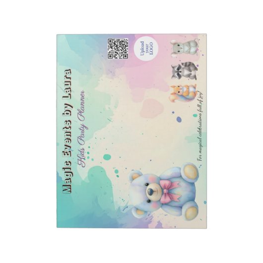 Kinder Party Planner Pastel Teddy Bear QR Code Log Notitieblok (Linkerzijde)