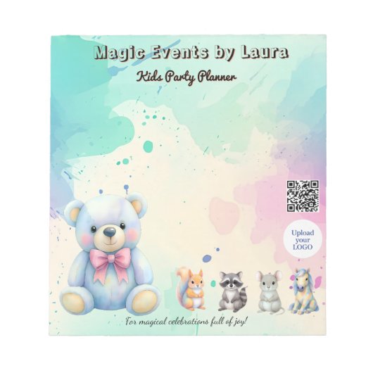 Kinder Party Planner Pastel Teddy Bear QR Code Log Notitieblok (Voorkant)