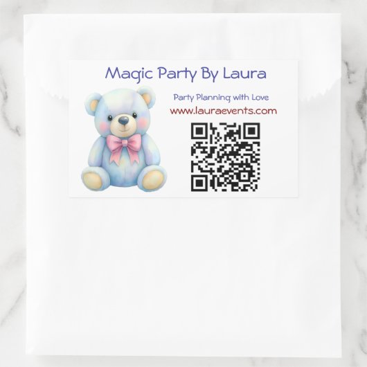 Kinder Party Planner Pastel Teddy Bear QR Code Log Rechthoekige Sticker (Tas)