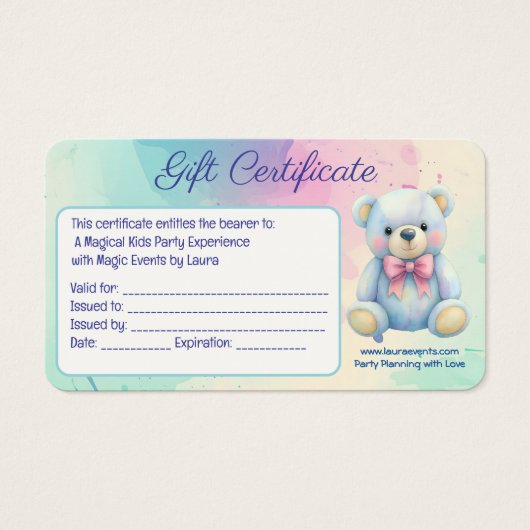 Kinder Party Planner Pastel Teddy Bear QR Code Log Visitekaartje (Voorkant)