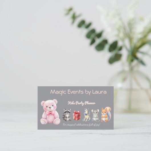 Kinder Party Planner Pastel Teddy Bear QR Code Log Visitekaartje (Staand voorkant)