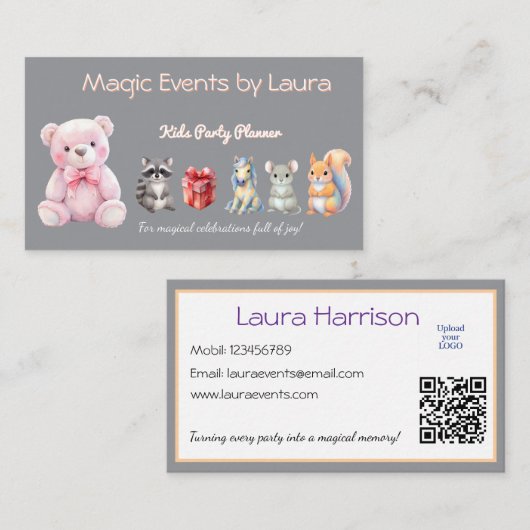 Kinder Party Planner Pastel Teddy Bear QR Code Log Visitekaartje (Voorkant / Achterkant)