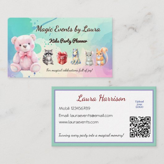 Kinder Party Planner Pastel Teddy Bear QR Code Log Visitekaartje (Voorkant / Achterkant)